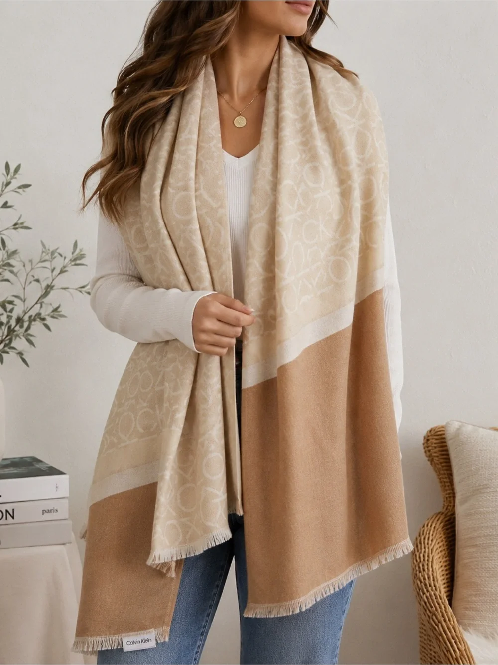 Calvin Klein Beige & Camel Logo Scarf